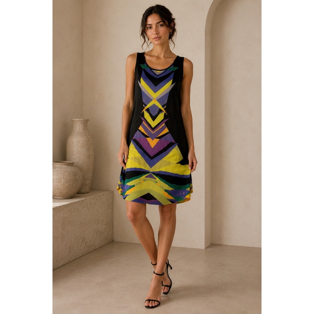 BCBGMAXAZRIA XS‎ Dress Sleeveless Black Geometric Multicolor Shift Mini
